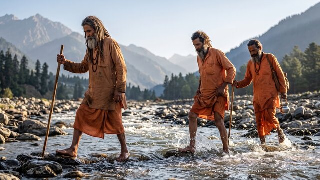 Sadhus Crossing Lidder River During Pilgrimage