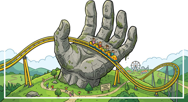 Whimsical Amusement Park Roller Coaster Track Passing Through Giant Stone Hand Statue Vector Illustration for Theme Park Maps Travel Banners and Game Backgrounds