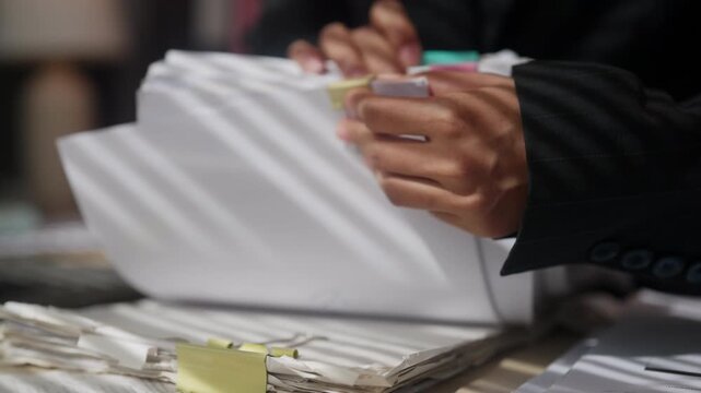 Office Employee Organizing Business Documents with Binder Clips for Administrative Filing and Records Management