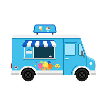 Bright blue ice cream truck vector illustration ready for summer dessert promotion