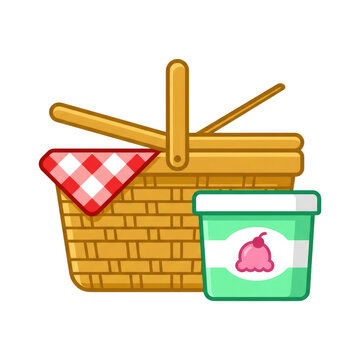 Wicker picnic basket with red checkered cloth and tub of ice cream dessert
