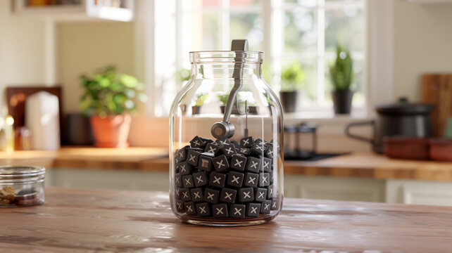 Black computer keyboard keys inside a glass jar on a wooden kitchen table