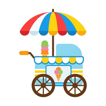 Colorful cartoon ice cream cart with umbrella and sweet treats, summer dessert vending machine