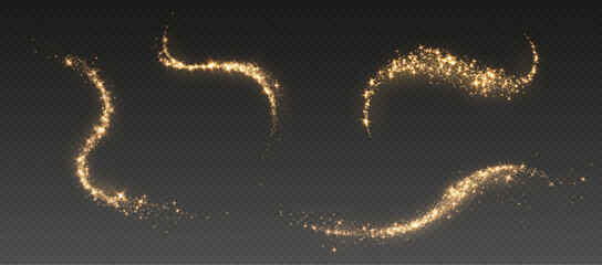 Transparent png elegant gold glitter wave trails with shimmering falling stars and luxury glowing effect overlay on transparent png background sparkling golden dust particle decoration rain glow line © Andrey