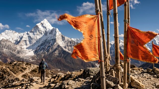  Saffron Prayer Flags Against Himalayan Peaks