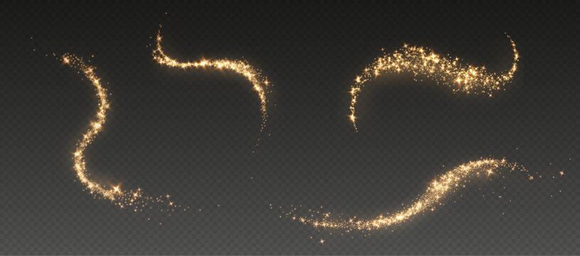 Transparent png elegant gold glitter wave trails with shimmering falling stars and luxury glowing effect overlay on transparent png background sparkling golden dust particle decoration rain glow line