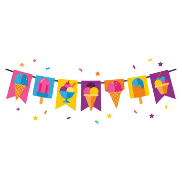Colorful ice cream banner garland with popsicles and confetti celebrating summer birthday party