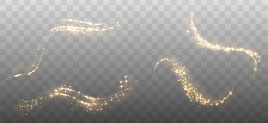Elegant gold glitter wave trails with shimmering sparkling stars and luxury glowing effect overlay on transparent png background with golden dust particle decoration and light line falling rain glow © Andrey