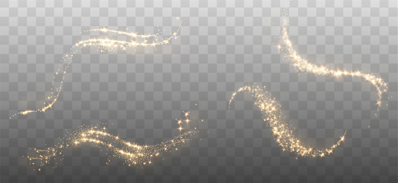Elegant gold glitter wave trails with shimmering sparkling stars and luxury glowing effect overlay on transparent png background with golden dust particle decoration and light line falling rain glow