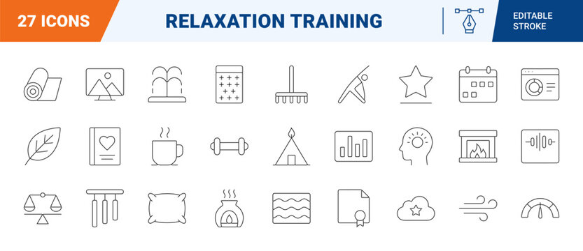 Mental wellness line icon set. Vector pictograms of meditation, mindfulness, stress relief, and breathing exercise elements, thin linear illustration.