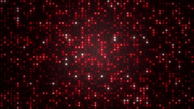 Red glowing LED dot mosaic wall with round dots, sparkling lights seamless loop animation 4K