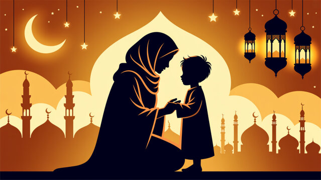 Person praying during ramadan with mosque interior and moon background Vector