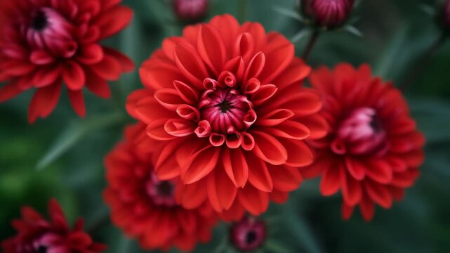 Red dahlia flowers with curved petals, soft focus background