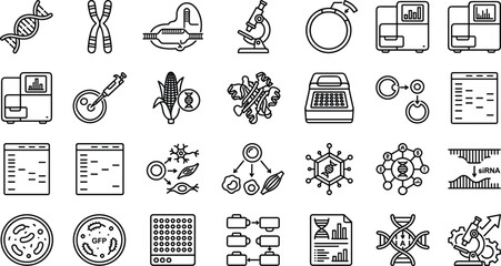 Biotechnology and Genetic Engineering Line Icon Set Featuring DNA RNA Lab Equipment Stem Cells and Molecular Biology Vector Symbols for Science Education © SAHEDUL