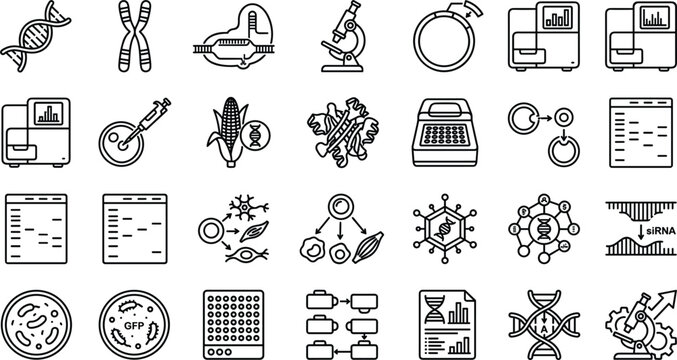 Biotechnology and Genetic Engineering Line Icon Set Featuring DNA RNA Lab Equipment Stem Cells and Molecular Biology Vector Symbols for Science Education