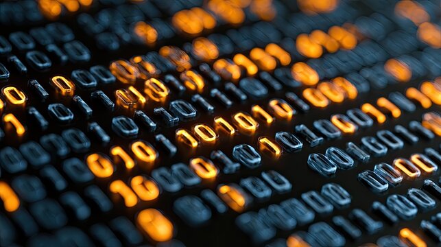 Glowing binary code numerals form a digital cascade