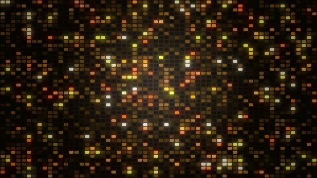 Gold glowing LED dot mosaic wall with rounded blocks, sparkling lights seamless loop animation 4K