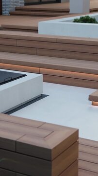 Vertical video. Cozy barbecue patio with LED-lit wooden terrace, fire pit and modern outdoor seating.
