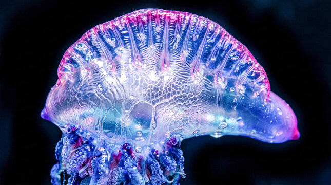 Fotograf&iacute;a macro extremadamente detallada del flotador transl&uacute;cido de una Physalia physalis mostrando texturas, reflejos y colores iridiscentes azul, violeta y magenta.