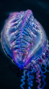 Fotograf&iacute;a macro extremadamente detallada del flotador transl&uacute;cido de una Physalia physalis mostrando texturas, reflejos y colores iridiscentes azul, violeta y magenta.