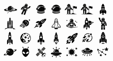 Fototapeta premium Collection of scalable vector icons depicting space exploration, featuring astronauts, rockets, planets, and ufos in a clean, modern, and minimalist black and white style suitable