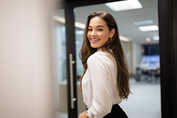 Fototapeta premium Young attractive Latina CEO, elegant skirt, executive performance review, motivated colleagues, business transformation, leadership excellence.