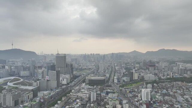 Aerial Drone View of Jongno Cityscape near Dongmyo Station and DDP Dongdaemun Design Plaza in Seoul, South Korea