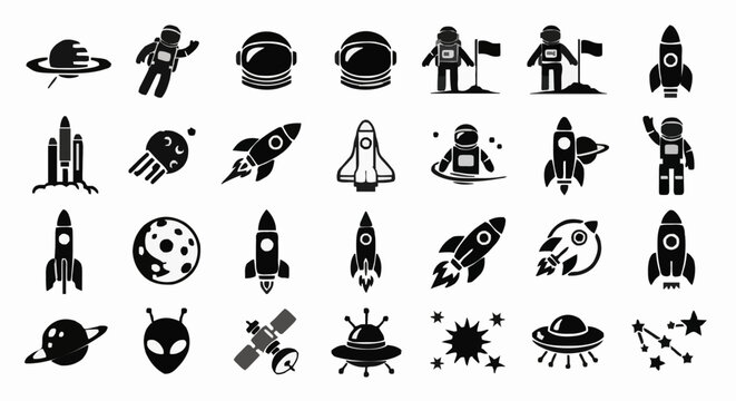 Collection of scalable vector icons depicting space exploration, featuring astronauts, rockets, planets, and ufos in a clean, modern, and minimalist black and white style suitable