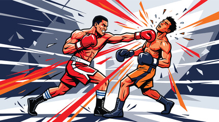 Fototapeta premium Flat style vector illustration of boxer landing a powerful punch with intense action and dynamic geometric design. Perfect for sport poster, boxing event promotion and fitness branding