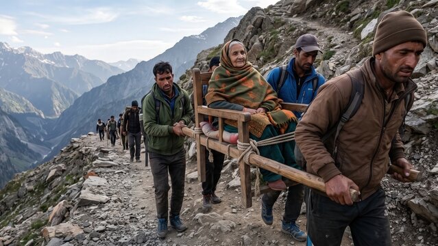  Palki Bearers Carry Elderly Pilgrim