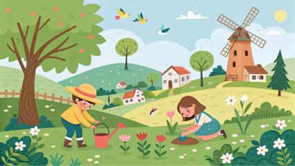 Naklejka premium Children Planting Trees and Flowers in a Rural Garden Landscape Illustration
