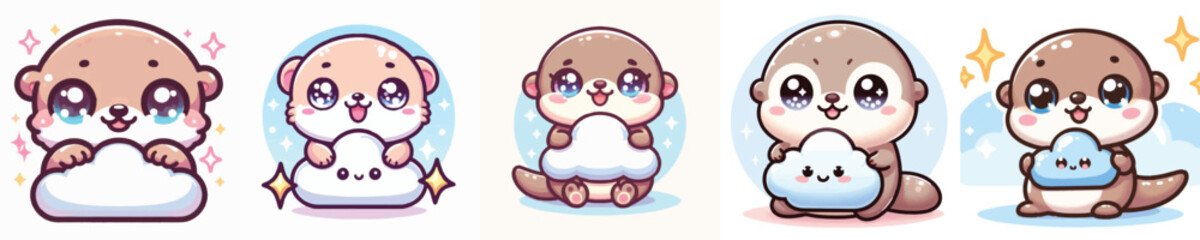 Vector of a cute cartoon otter character holding a cloud icon © FirdianKrisna