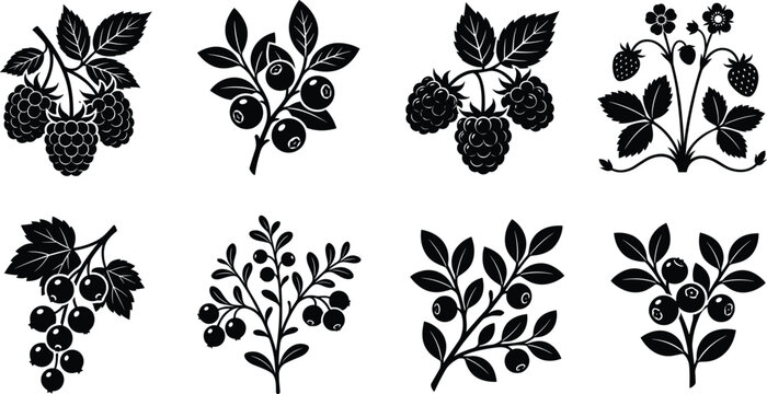 Set of solid black high contrast berry branch silhouettes including strawberry, blueberry, and raspberry