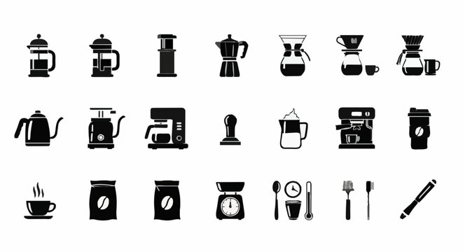 Collection of clean line art vector icons representing various coffee brewing methods and accessories, including french press, moka pot, espresso machine, pour-over, and coffee