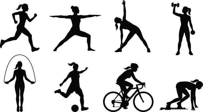 Set of active female silhouettes engaging in various sports fitness exercises and athletic activities