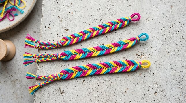 Colorful fishtail braided friendship bracelets in pink, yellow, and blue thread on concrete. Handmade DIY woven jewelry for Friendship Day gifts and creative youth hobbies.