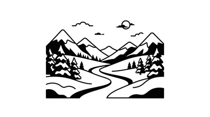 Fototapeta premium Minimalist Winter Mountain Landscape with River and Trees - Vector Art