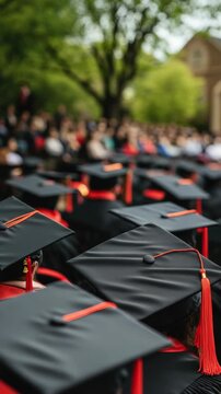 Group of graduates in caps and gowns celebrating with red tassels.