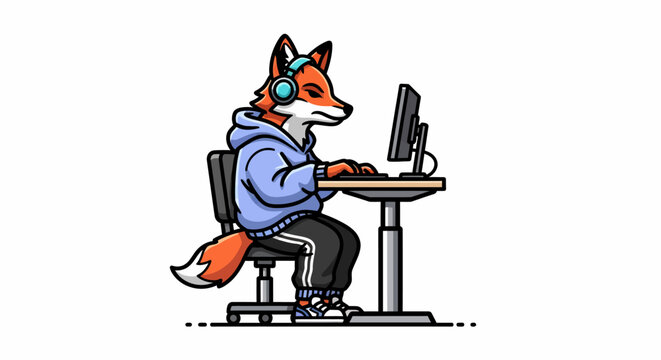 Fox wearing headphones working on computer.