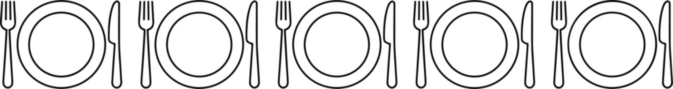 Seamless border pattern of plate, fork, and knife in simple black line for restaurant and dining related