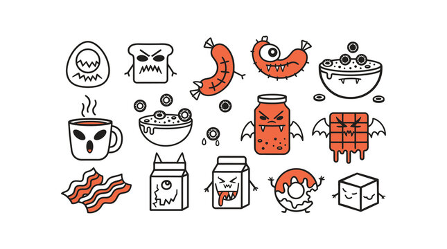 Cute Halloween Food Monster Doodle Set with Spooky Breakfast Items in Orange and Black Outline Style