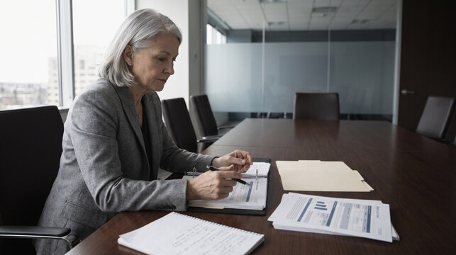 Compliance Officer Examining AI Audit Reports During Corporate Meeting