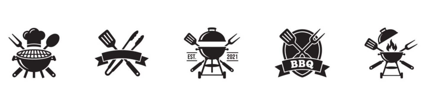 BBQ and grill badge set. Barbecue restaurant logo design templates. Crossed spatula and tongs symbols. Chef hat, fire flame and grill silhouettes. Vector illustration