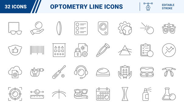 Vision care and optometry line icon set. Vector pictograms of prescription glasses, optical lenses, eye exams, and online ordering elements, thin linear illustration.