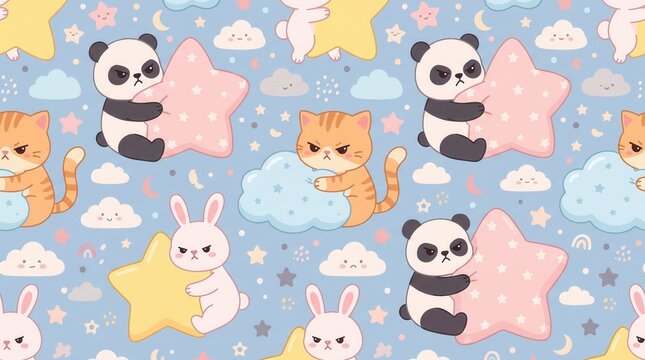 Grumpy cartoon animals hold stars and clouds in a repeating dreamy pattern for children