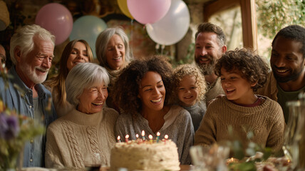 Fototapeta premium Grandparents surrounded by their family during a birthday celebration or holiday, cake, balloons, smiles