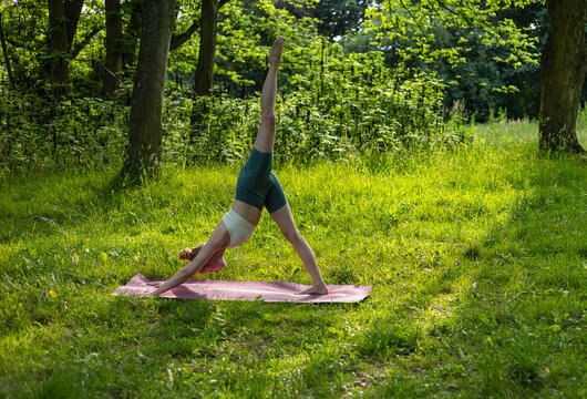 Young fit woman doing a three legged downward facing dog yoga pose on a mat in a sunny green forest clearing. Active healthy lifestyle, outdoor training and body flexibility exercise