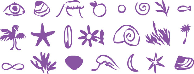 Purple vector illustration of various beach themed icons and symbols in a graphic design © Amir Hmza