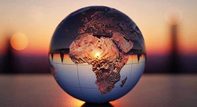 Crystal glass globe showing earth map during a golden sunset.