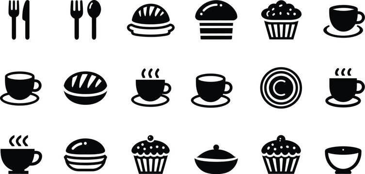 Food icons set dining coffee breakfast restaurant menu graphics